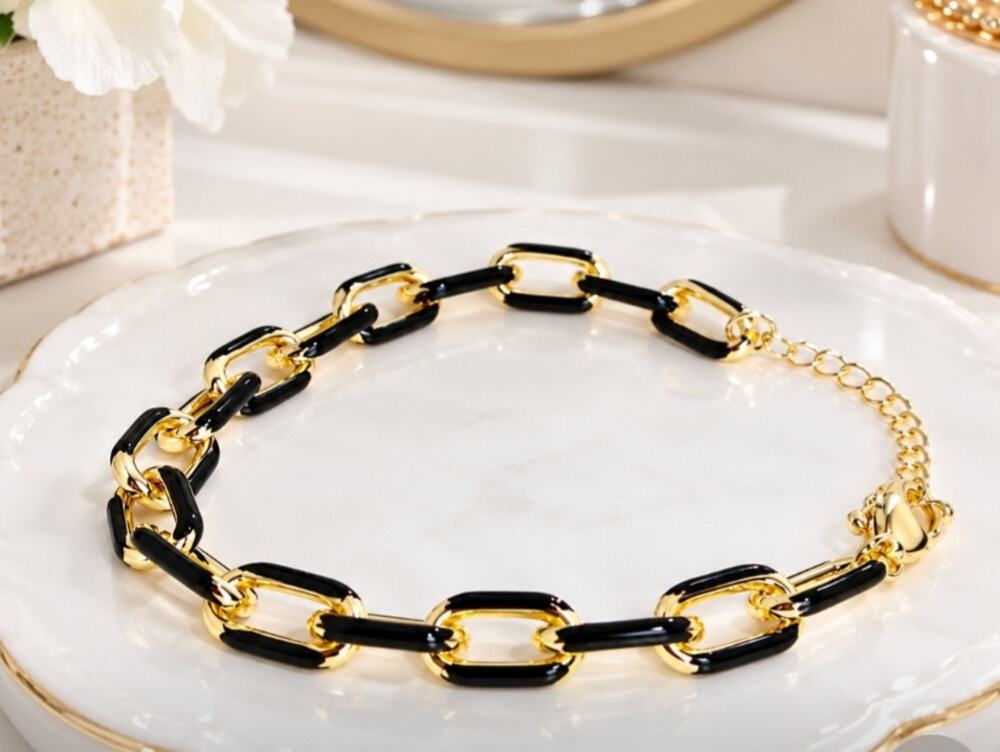 18K Plated Gold Black Enamel Link Bracelet
